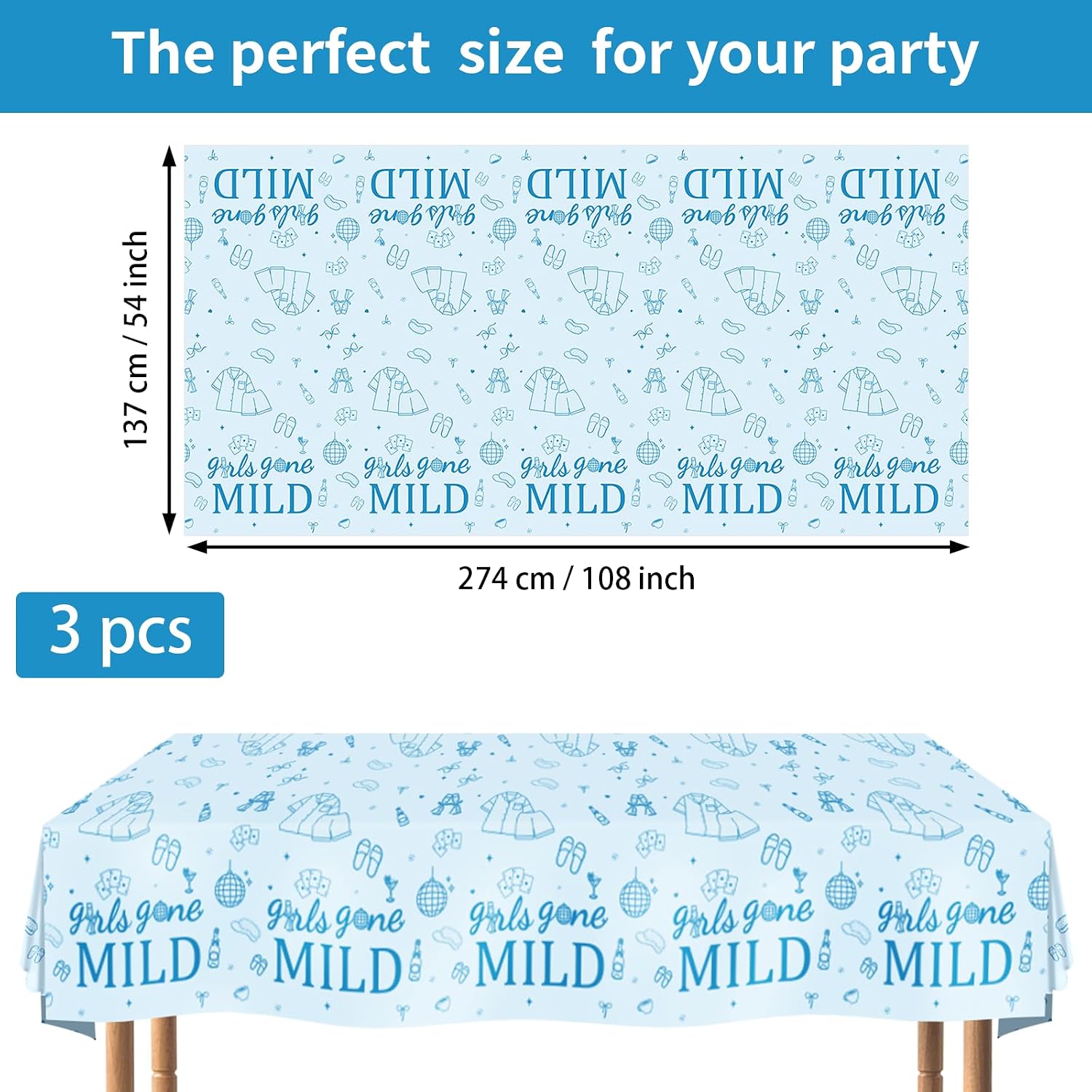 Flat lay of three bachelorette tablecloths with girls night pajama design