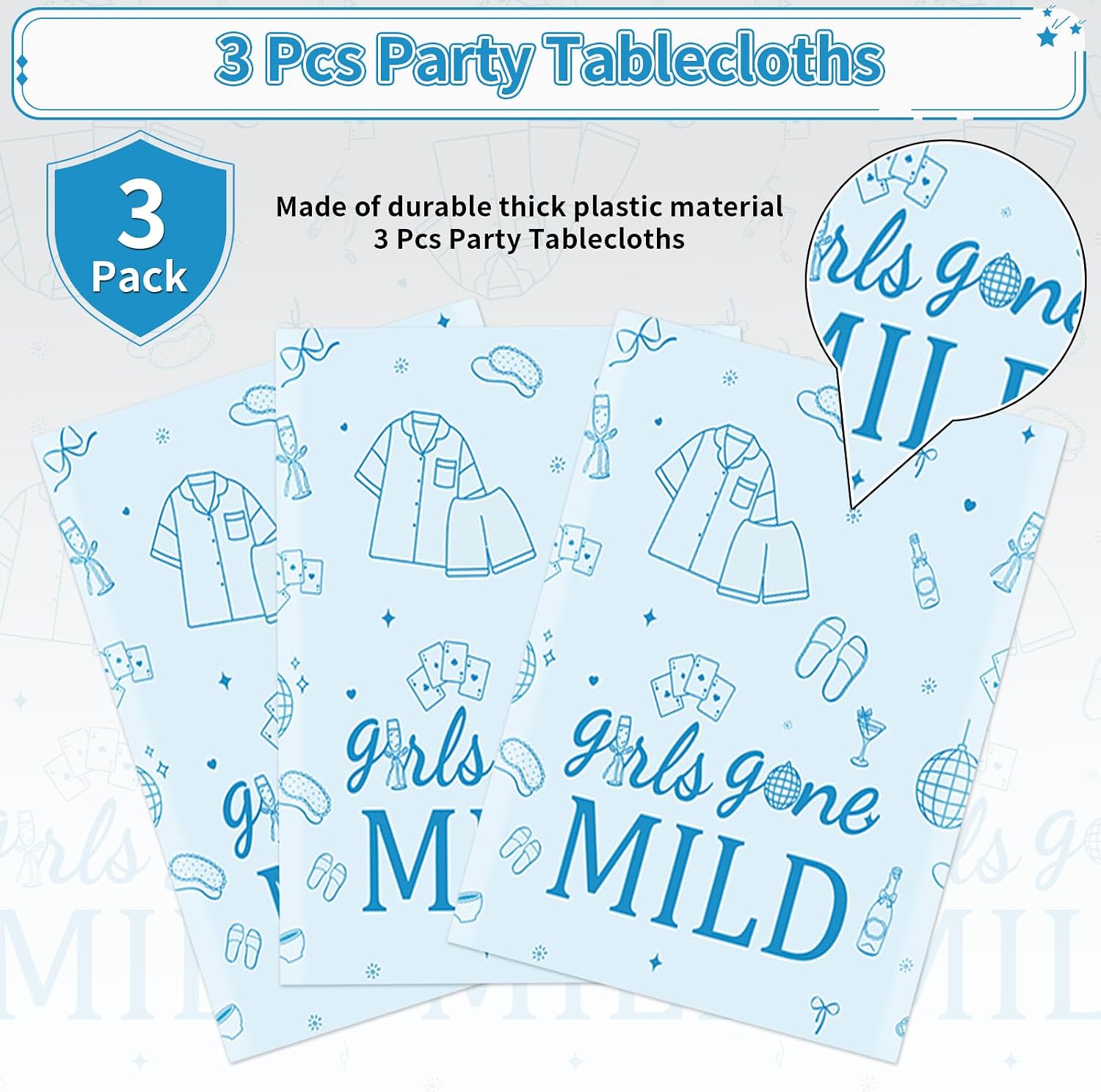 Bachelorette tablecloth draped on party table with pajama themed decorations