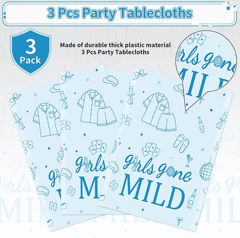 Bachelorette tablecloth draped on party table with pajama themed decorations