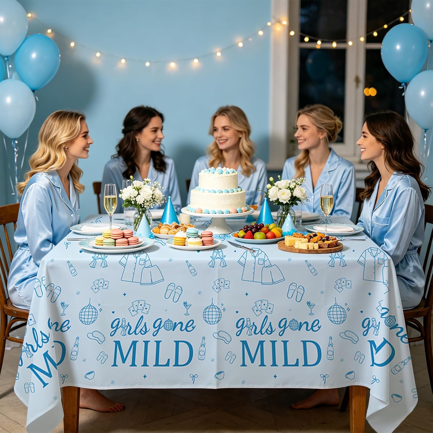 Package contents infographic showing 3 Grencian bachelorette tablecloths