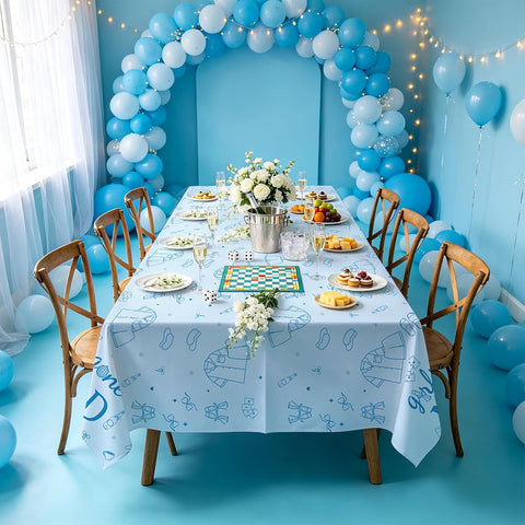 Girls night bachelorette party scene with pajama themed tablecloth