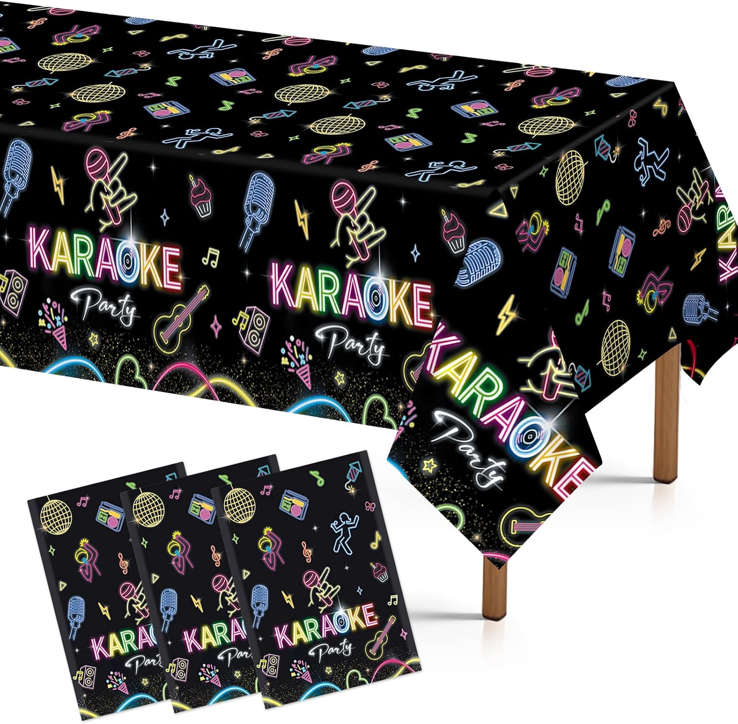 Grencian 3-piece glow in the dark party tablecloth set with neon black light design