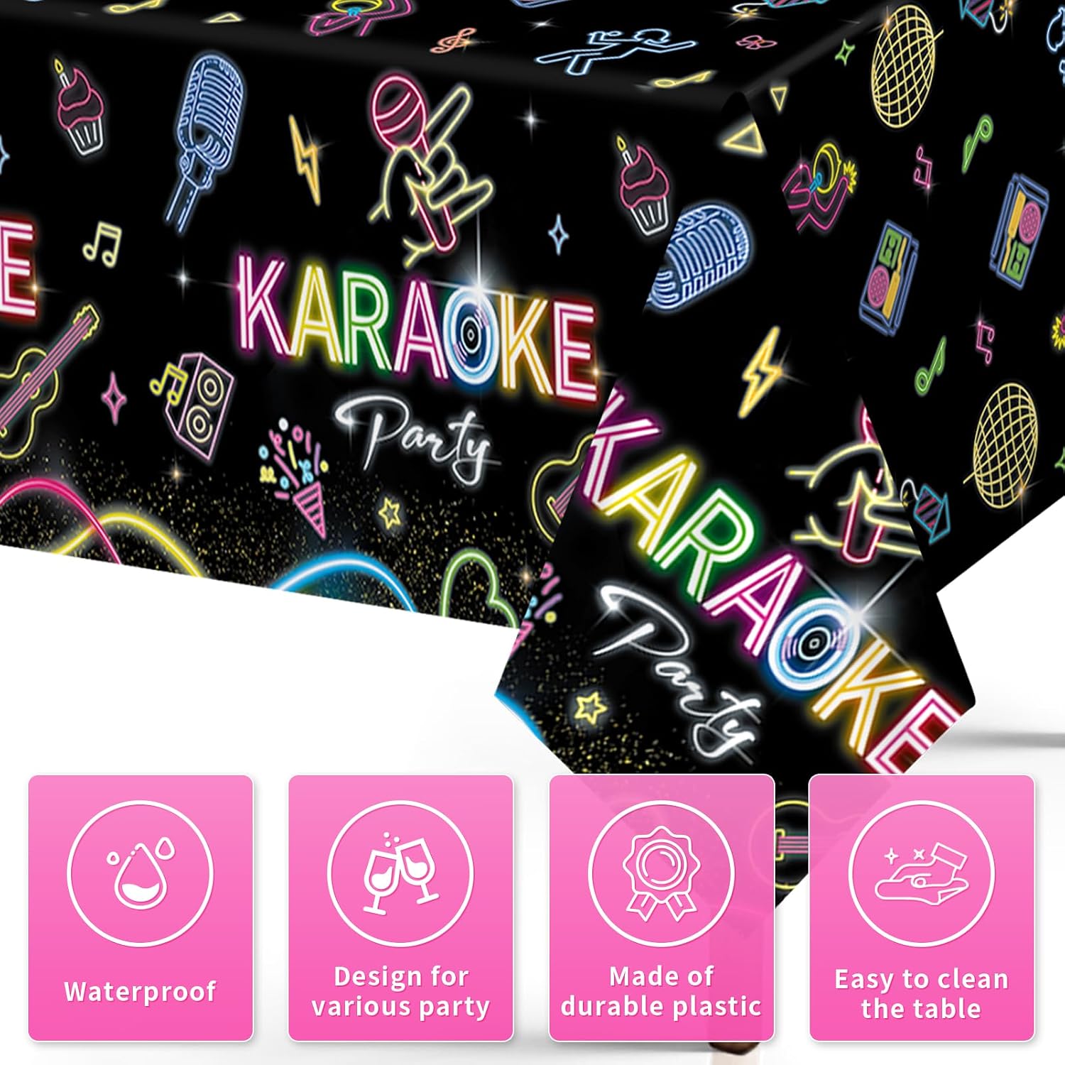 Close-up of glow in the dark plastic tablecloth with neon accents