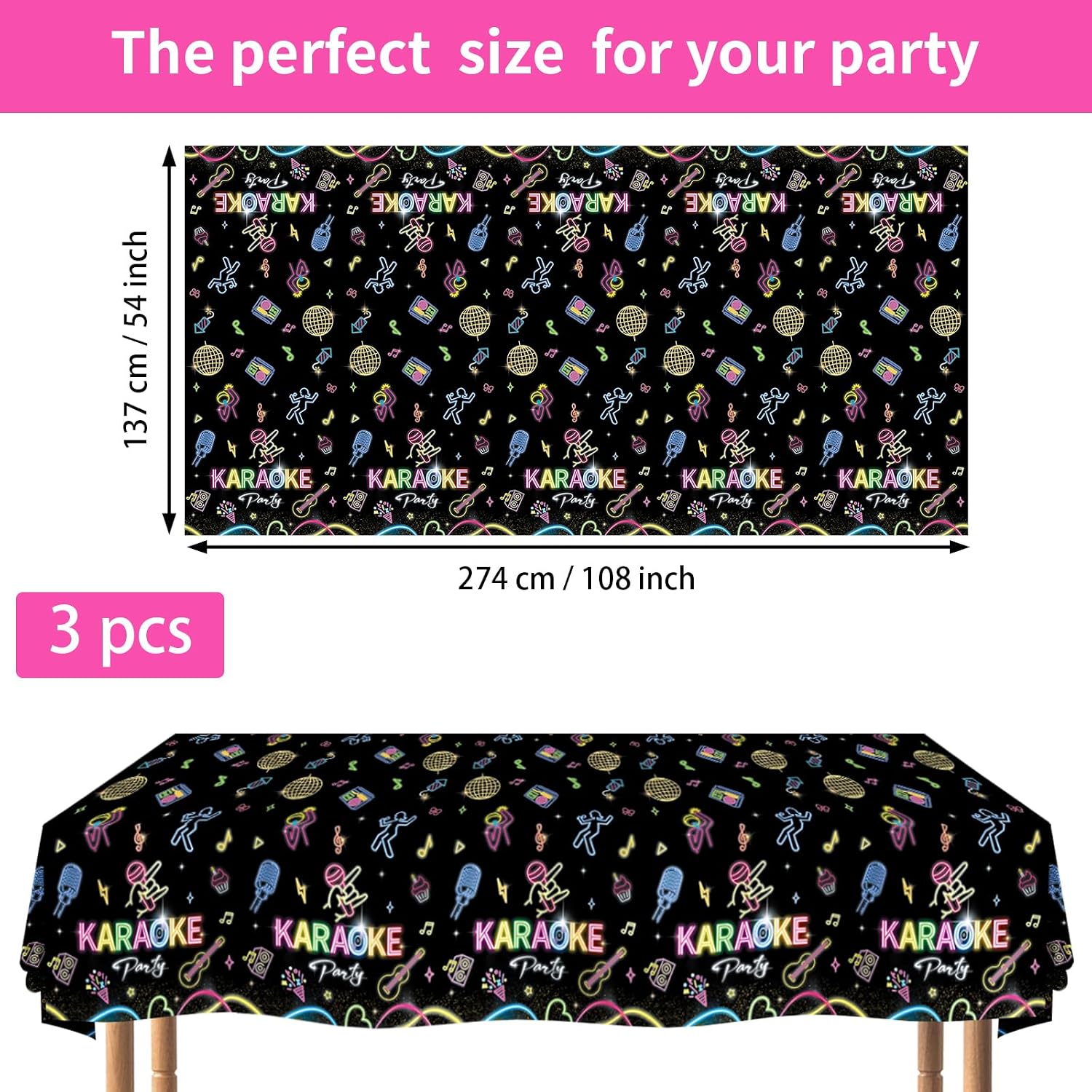 Flat lay of three glow in the dark tablecloths with neon music theme