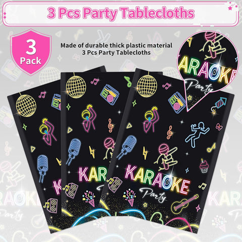 Glow party tablecloth draped on party table under black light with neon glow