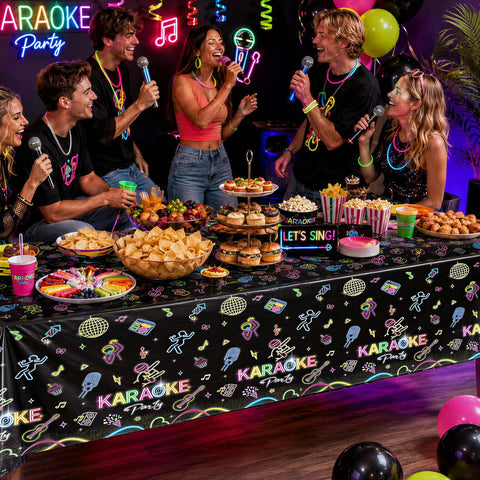Package contents infographic showing 3 Grencian glow party tablecloths
