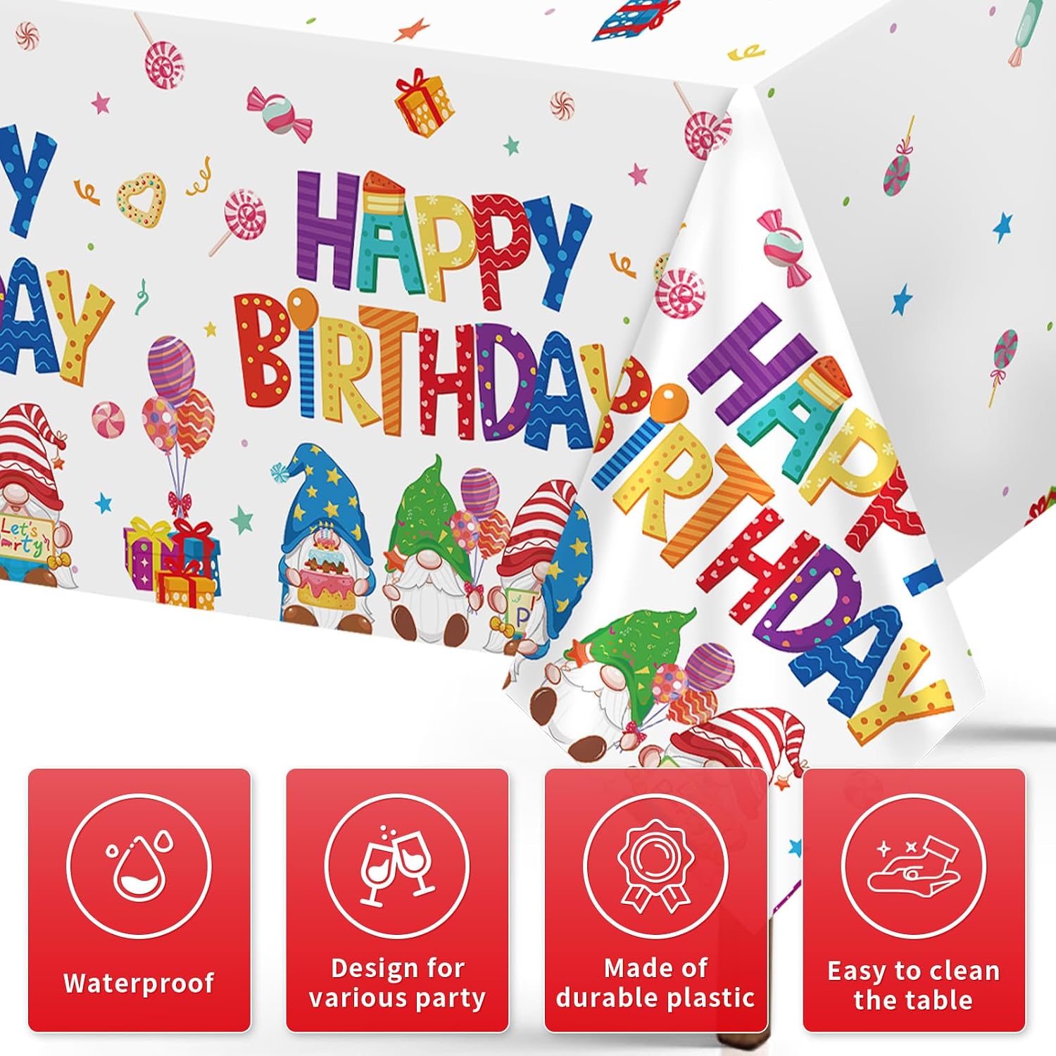 Close-up of gnome birthday plastic tablecloth with cartoon rainbow gnomes