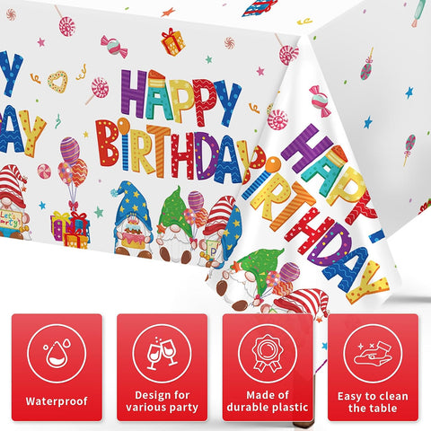 Close-up of gnome birthday plastic tablecloth with cartoon rainbow gnomes