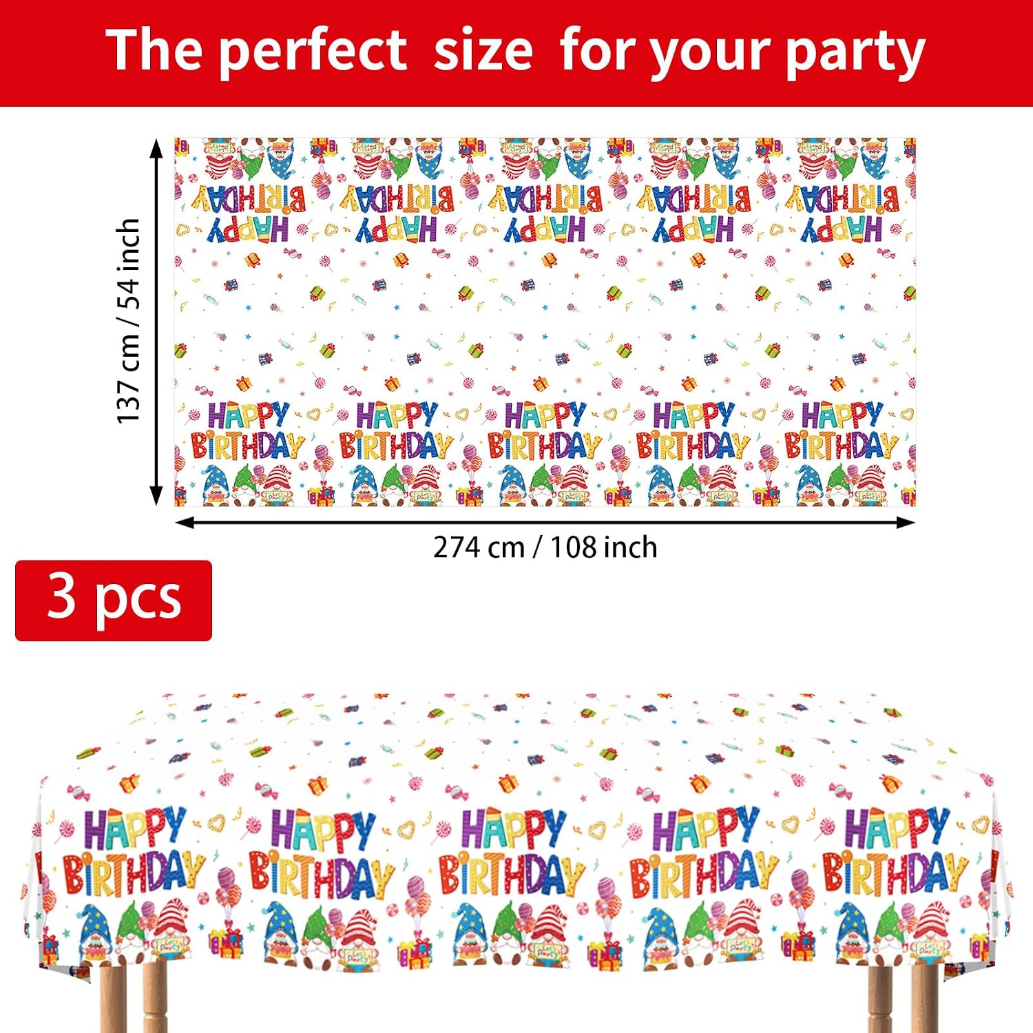 Flat lay of three gnome tablecloths with colorful rainbow gnomes pattern