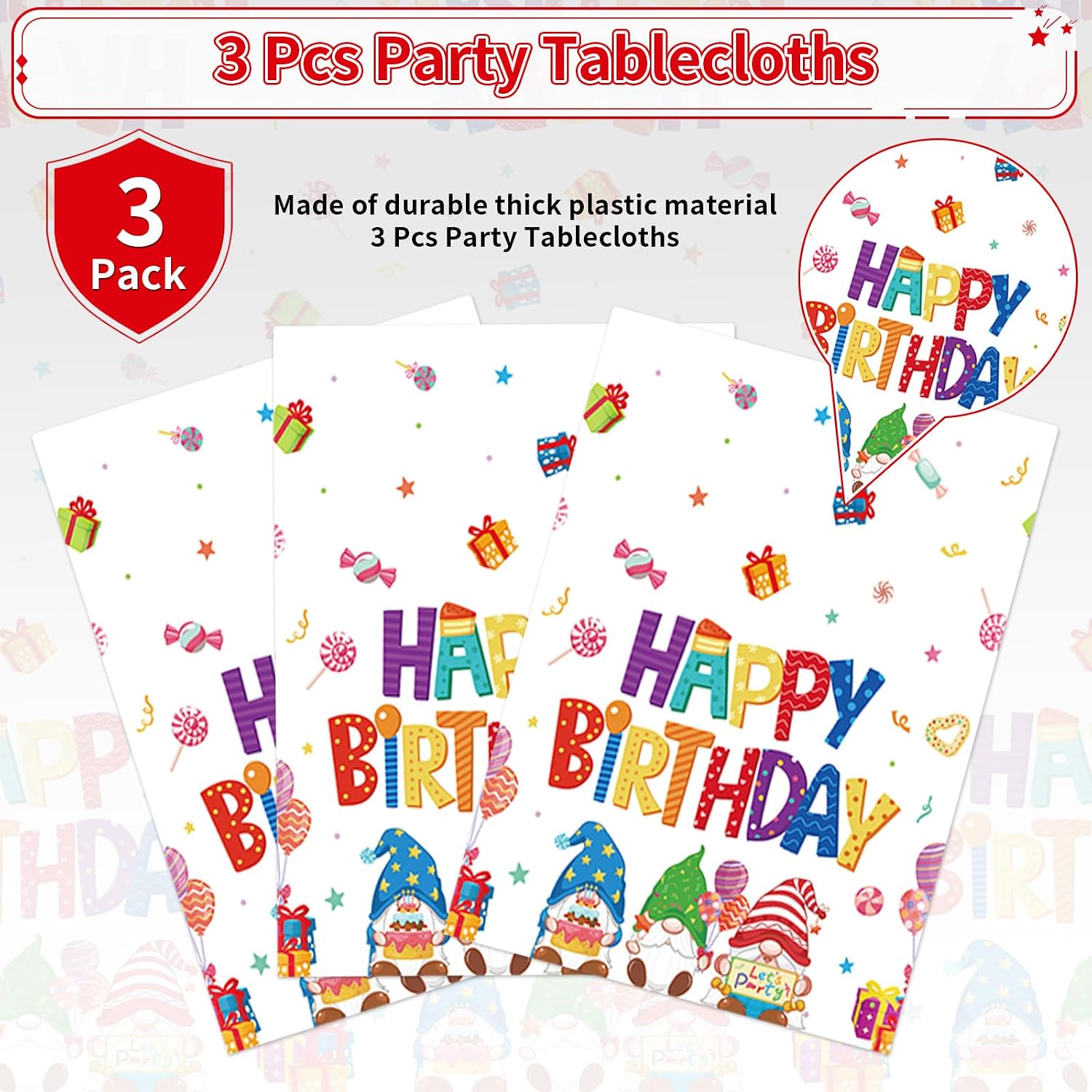 Gnome tablecloth draped on party table with colorful themed decorations