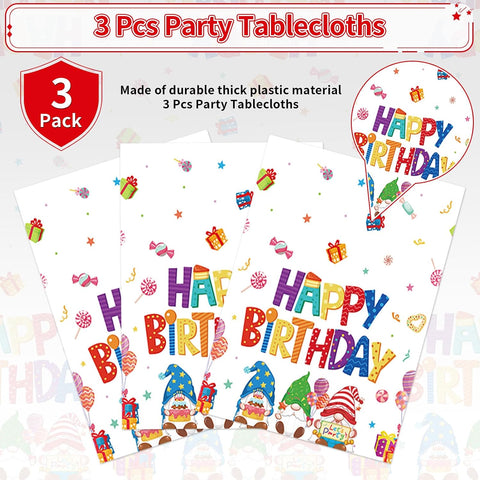 Gnome tablecloth draped on party table with colorful themed decorations