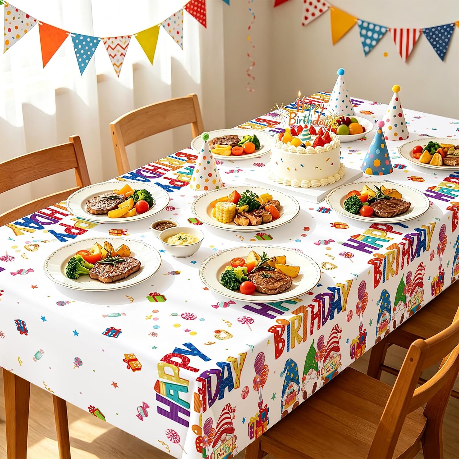 Gnome themed birthday or baby shower party scene with rainbow decorations