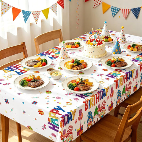 Gnome themed birthday or baby shower party scene with rainbow decorations