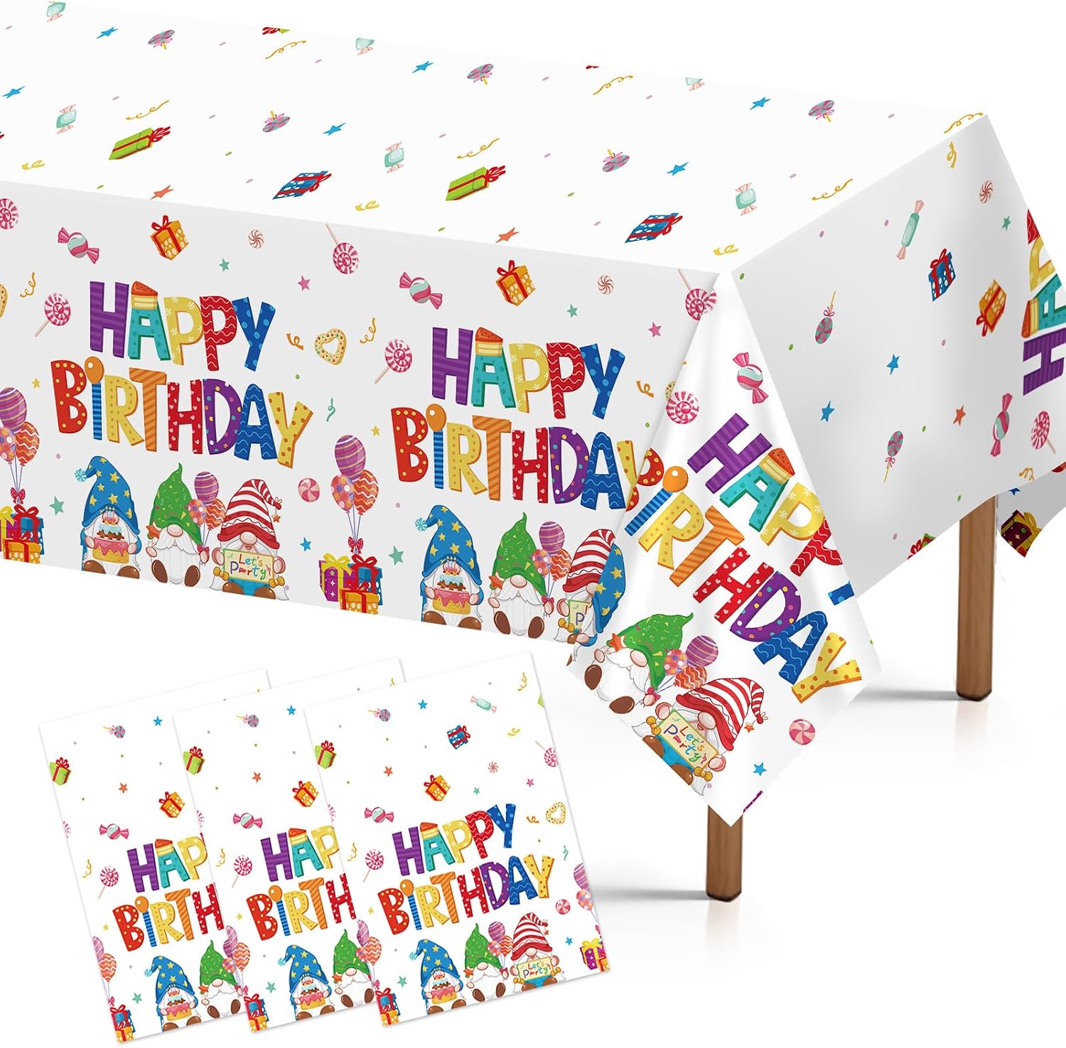 Grencian 3-piece rainbow gnome tablecloth set with colorful cartoon gnome design
