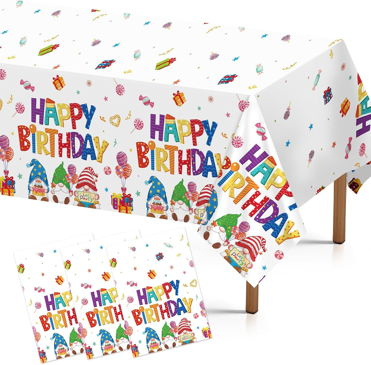 Grencian 3-piece rainbow gnome tablecloth set with colorful cartoon gnome design