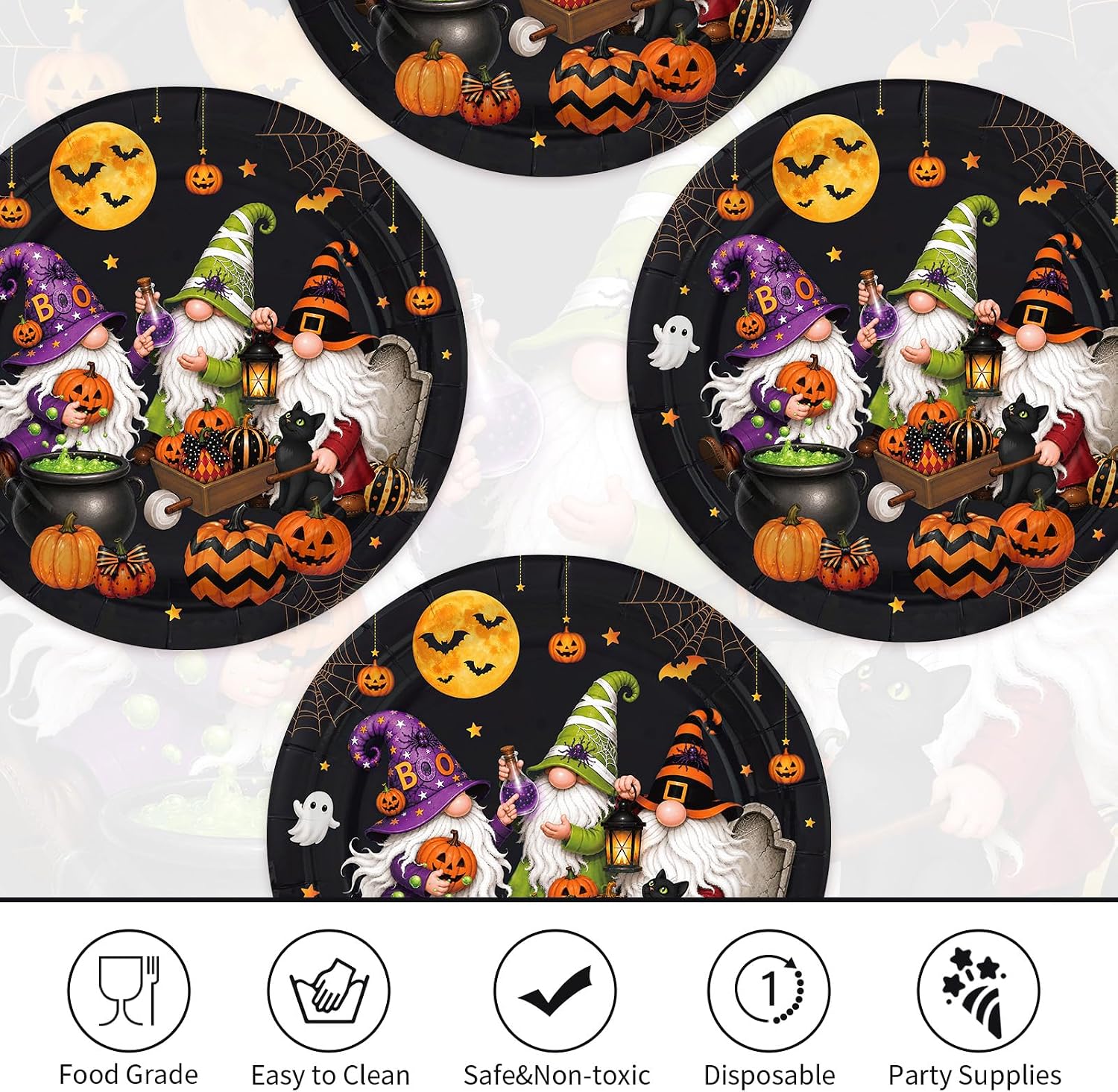 Full stack of 50 gnome Halloween paper plates