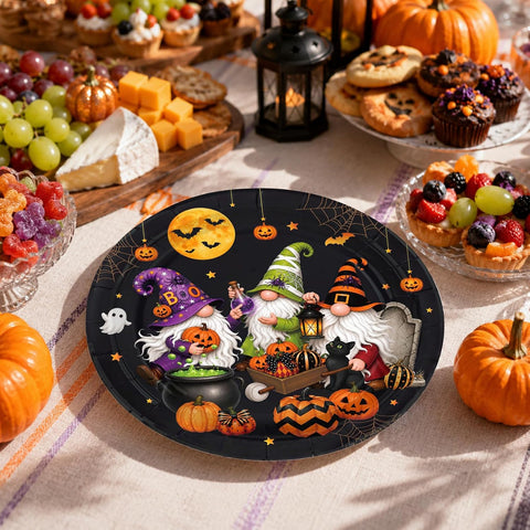 Halloween table styled with the gnome plates
