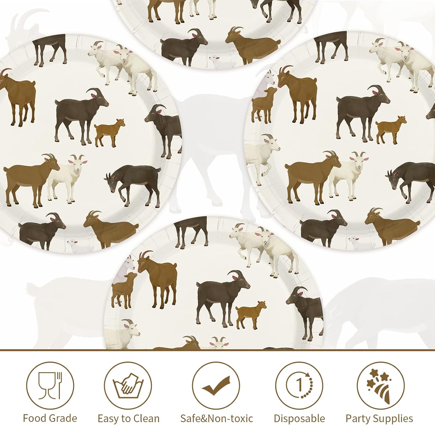 Watercolor goat party plates showing kids and adult goats in earthy tones