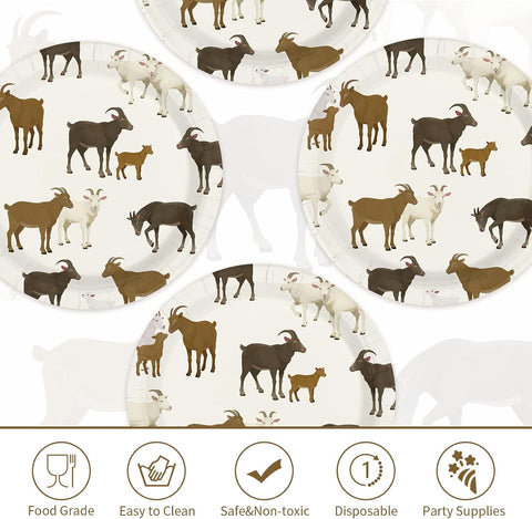 Watercolor goat party plates showing kids and adult goats in earthy tones