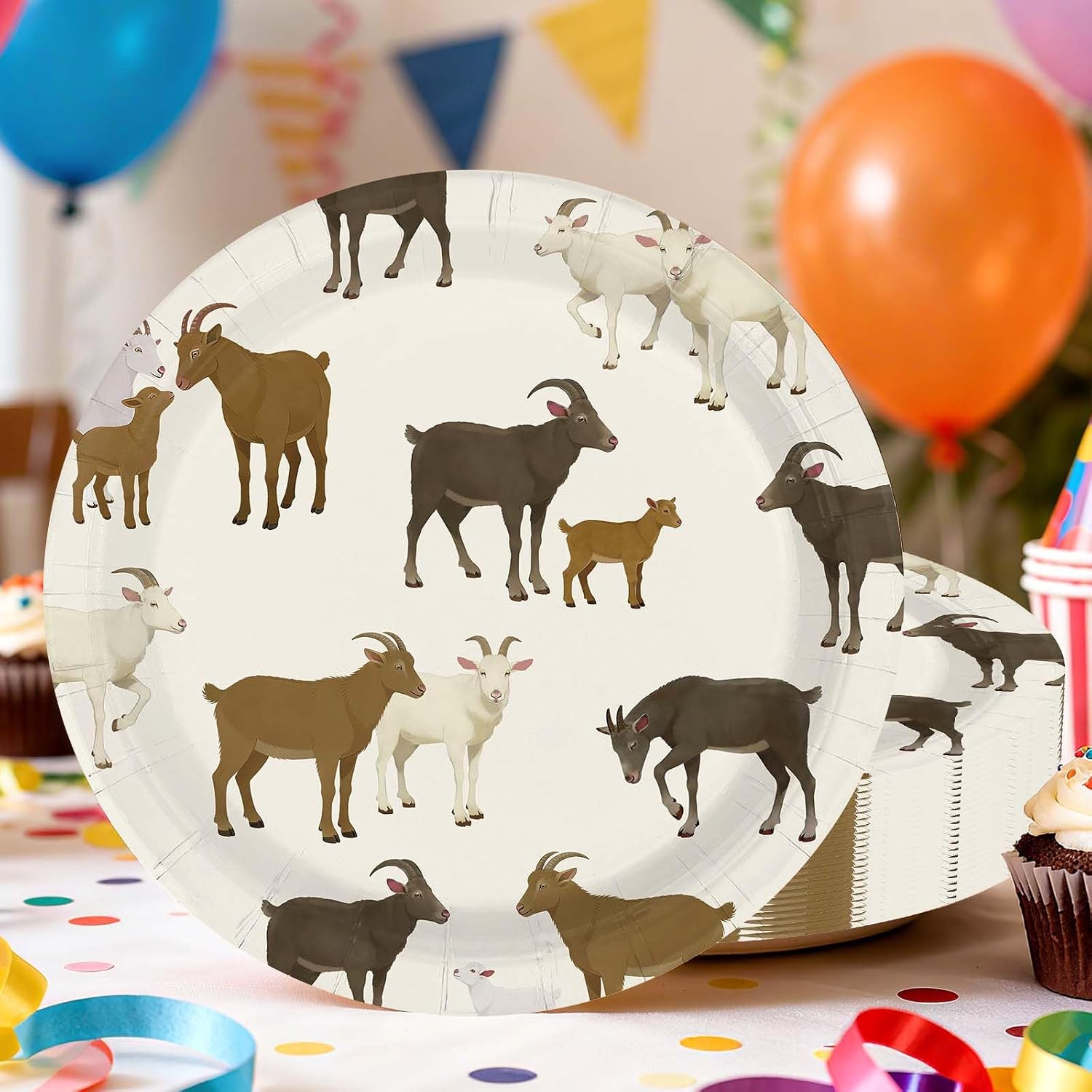 Goat themed 9 inch plates from a 50 piece farm animal tableware pack