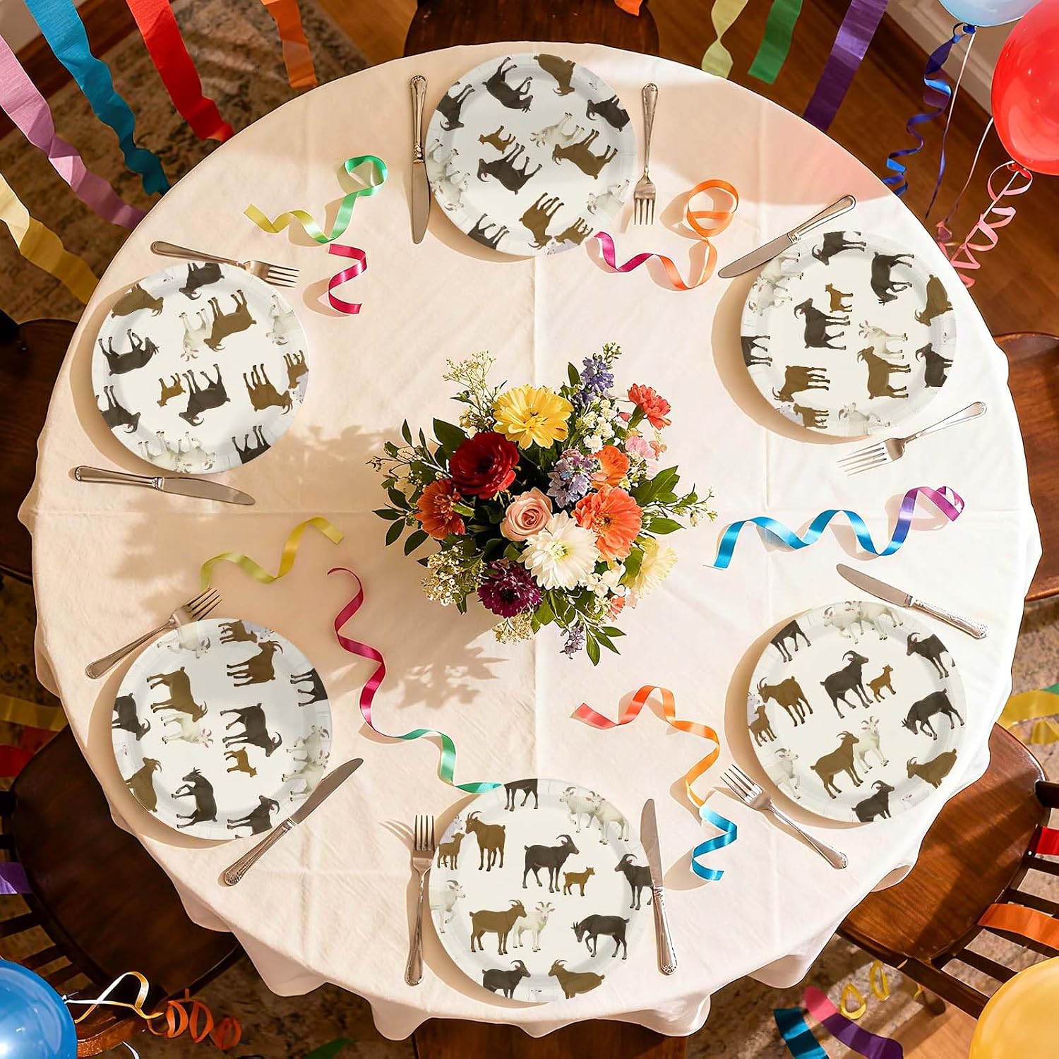 Goat party plates stacked ready for a country farm themed celebration
