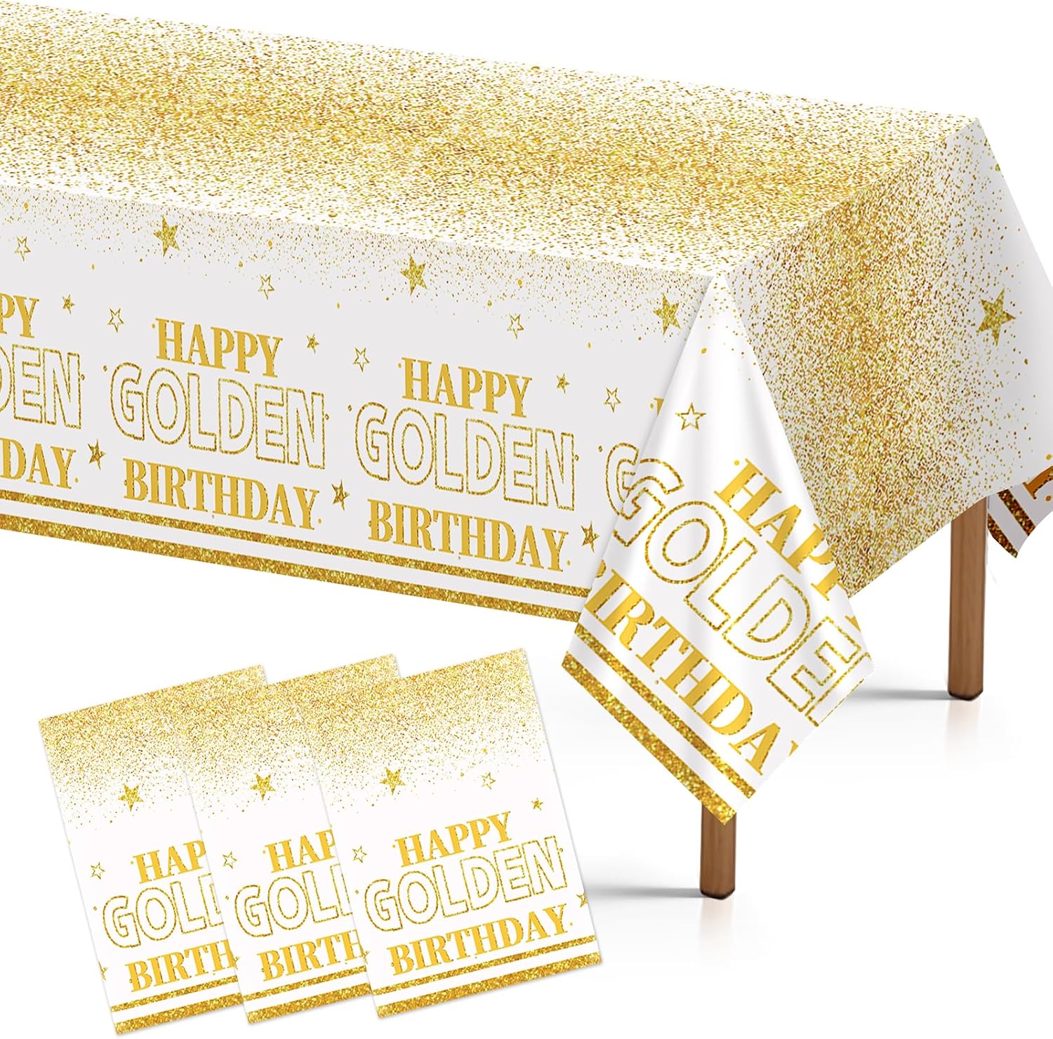 Grencian 3-piece golden birthday tablecloth set with white and gold glitter design
