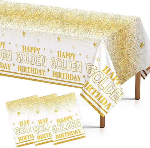 Grencian 3-piece golden birthday tablecloth set with white and gold glitter design