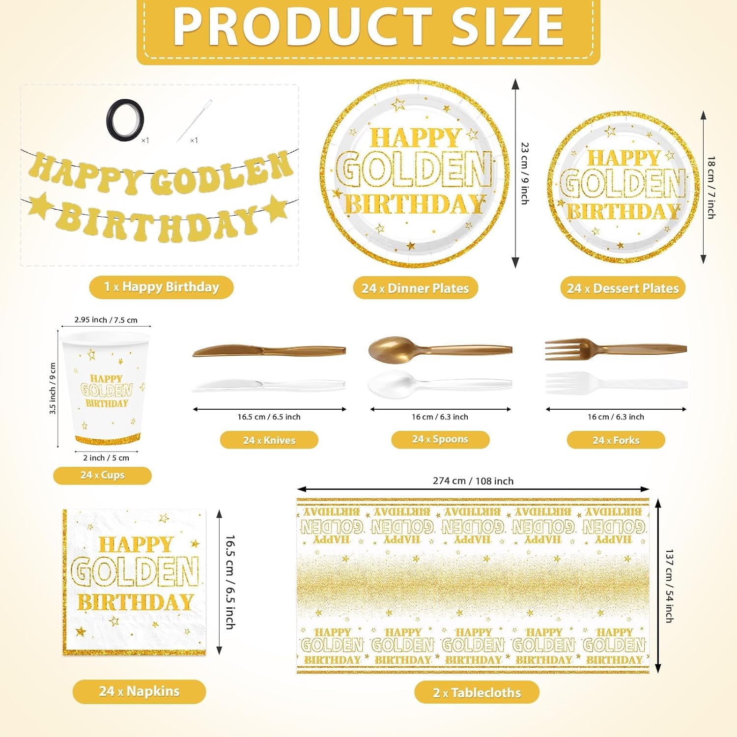 171Pcs Happy Golden Birthday Party Supplies Serves 24 - Grencian