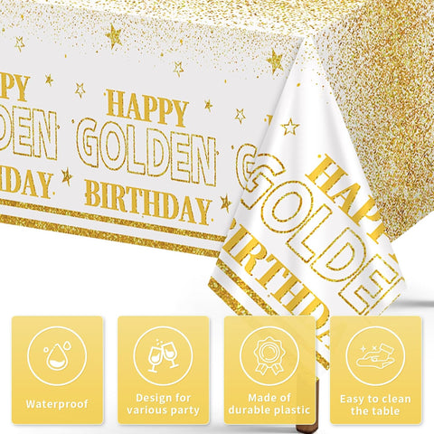 Close-up of golden birthday plastic tablecloth with glitter finish