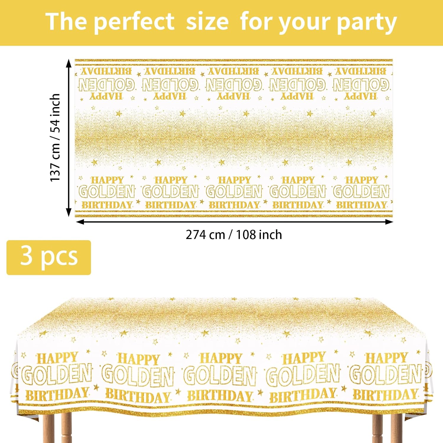Flat lay of three golden birthday tablecloths with white gold sparkle pattern