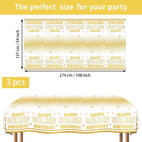 Flat lay of three golden birthday tablecloths with white gold sparkle pattern