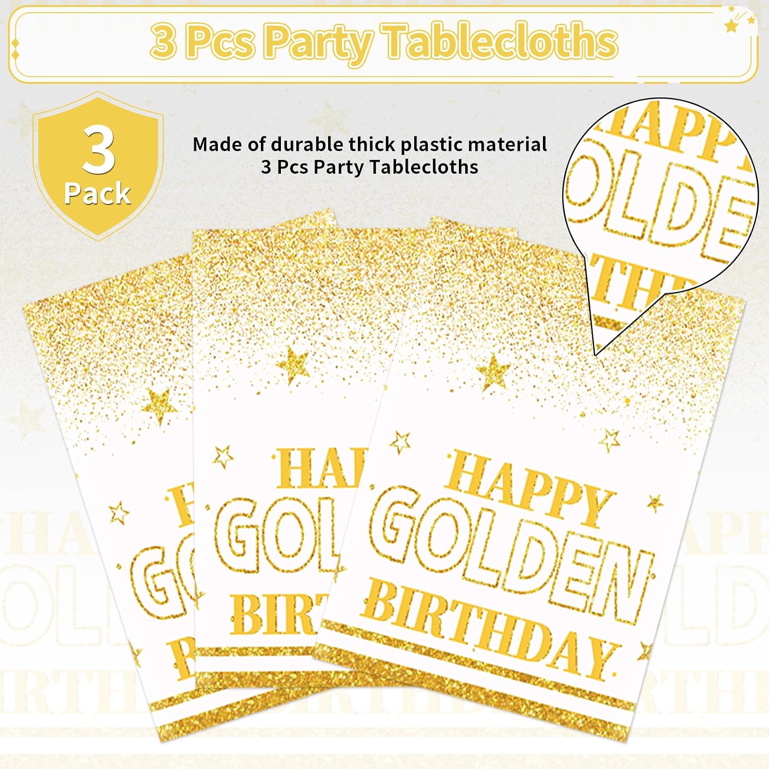 Golden birthday tablecloth draped on party table with gold themed decorations