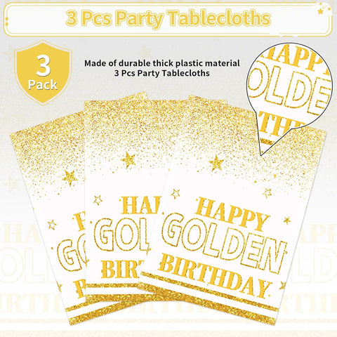 Golden birthday tablecloth draped on party table with gold themed decorations