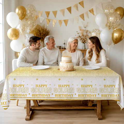 Package contents infographic showing 3 Grencian golden birthday tablecloths