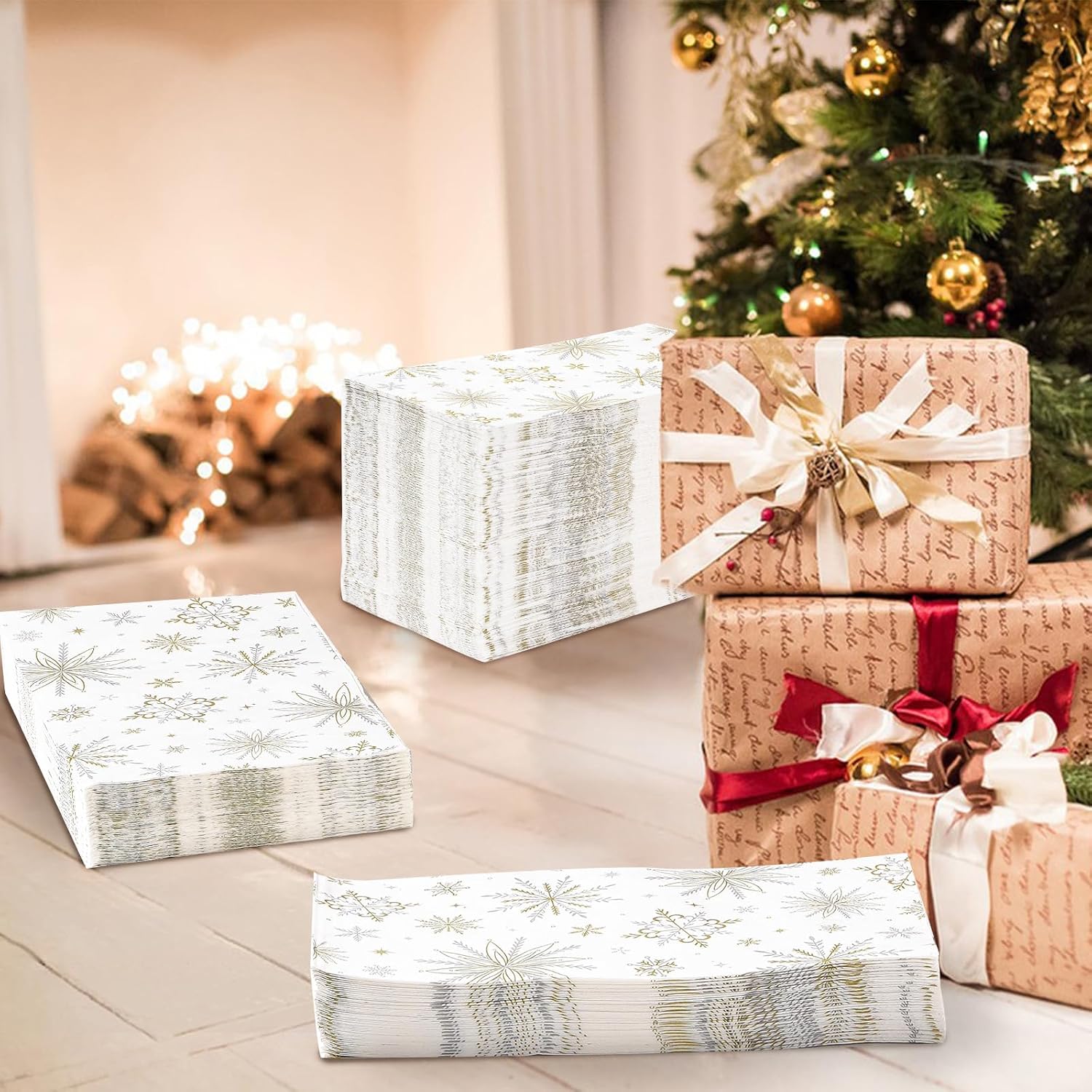 200Pcs Gold Snowflake Paper Napkins 3 Ply Winter - Grencian