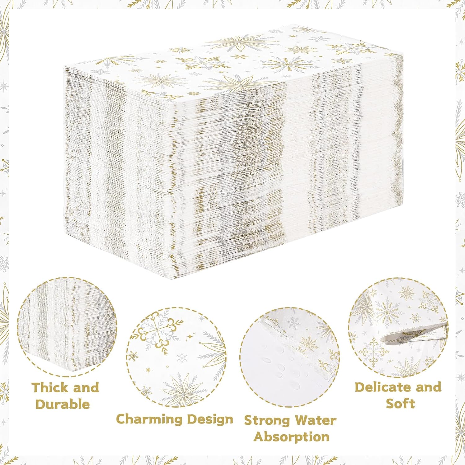 200Pcs Gold Snowflake Paper Napkins 3 Ply Winter - Grencian