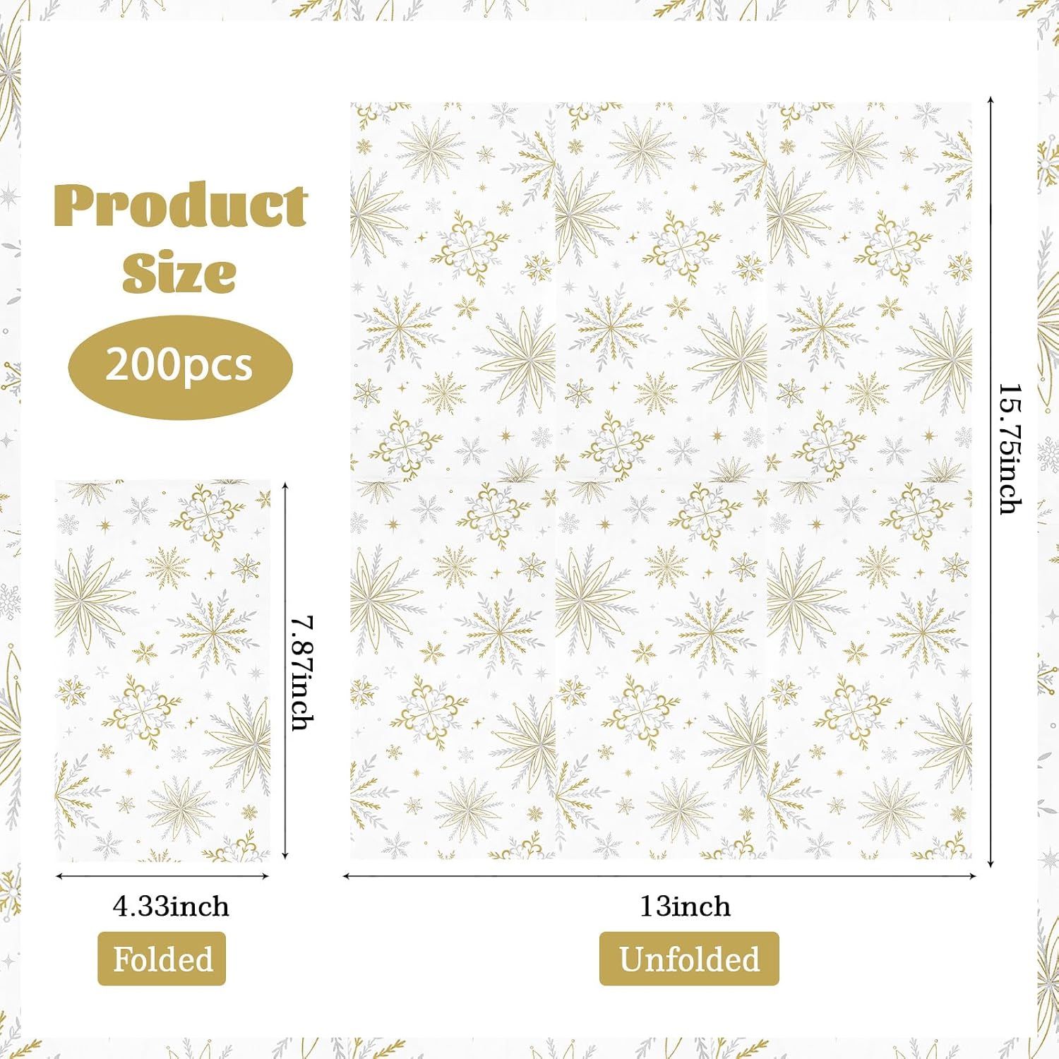 200Pcs Gold Snowflake Paper Napkins 3 Ply Winter - Grencian