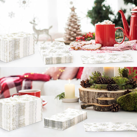 200Pcs Gold Snowflake Paper Napkins 3 Ply Winter - Grencian