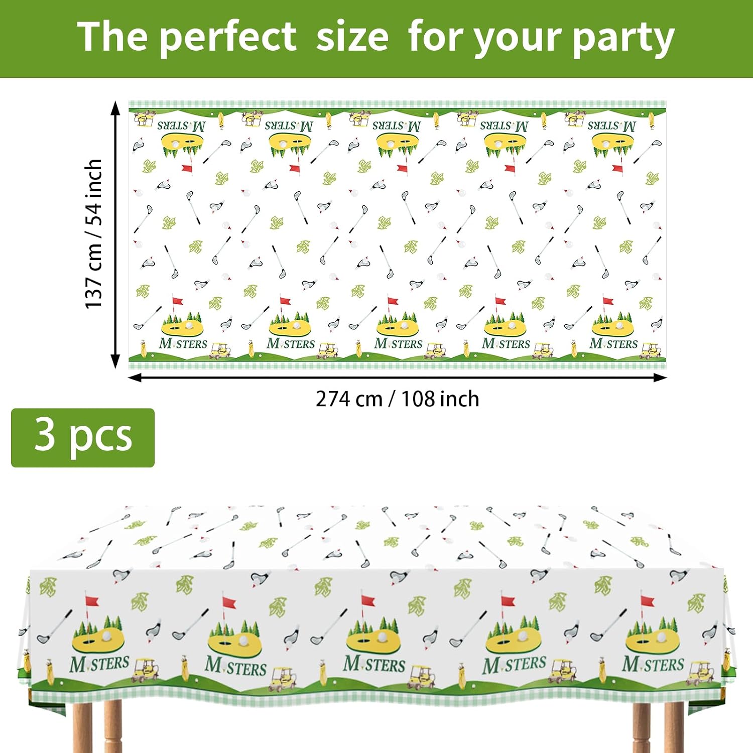 Flat lay of three golf birthday tablecloths with golf course design