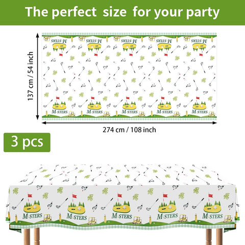 Flat lay of three golf birthday tablecloths with golf course design