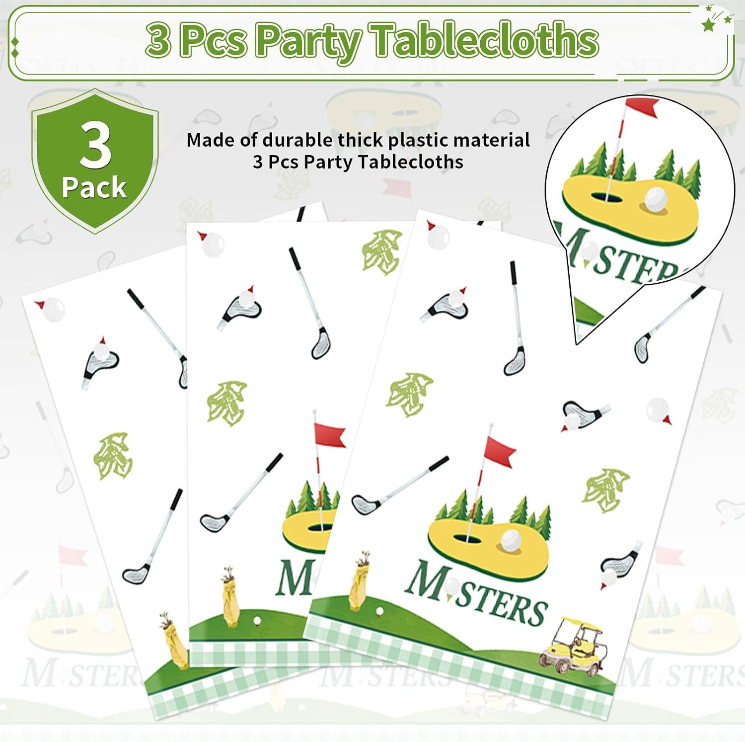Golf birthday tablecloth draped on party table with sports themed decorations