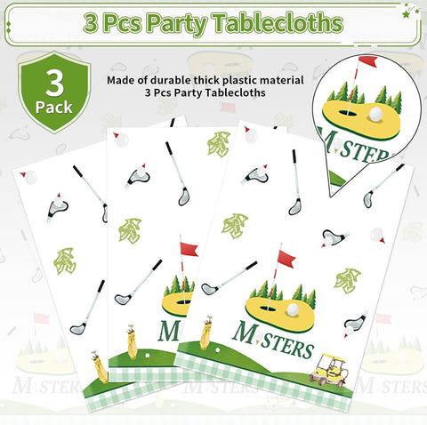 Golf birthday tablecloth draped on party table with sports themed decorations