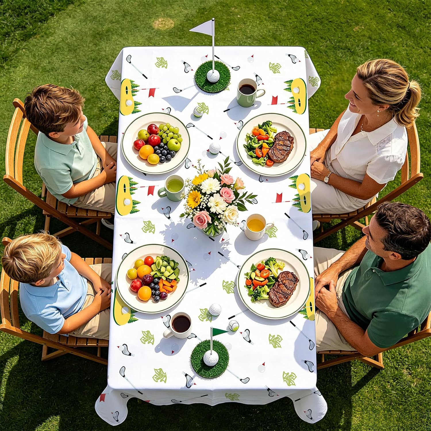 Package contents infographic showing 3 Grencian golf birthday tablecloths