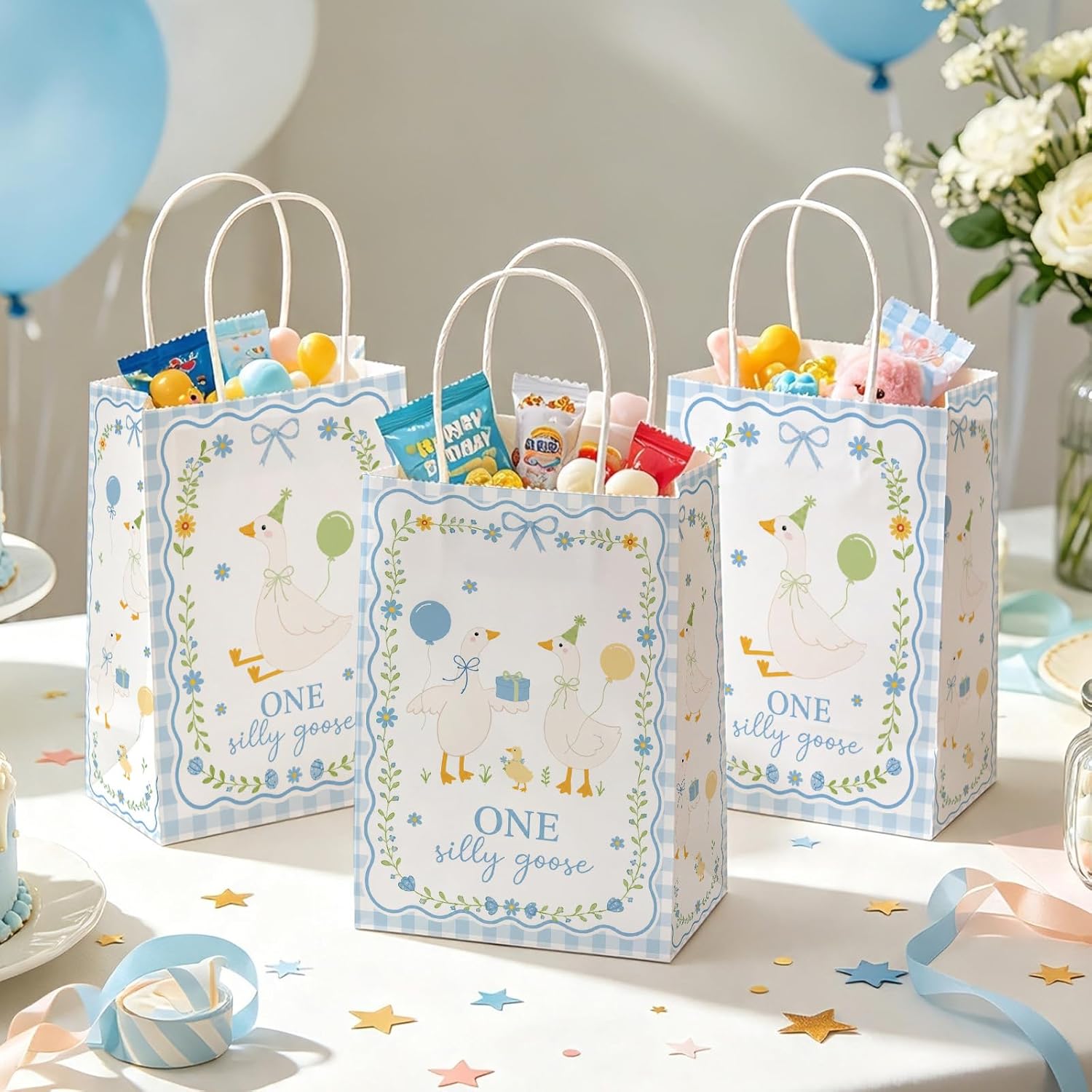 Package contents infographic showing 16 One Silly Goose favor bags