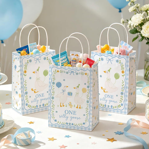 Package contents infographic showing 16 One Silly Goose favor bags