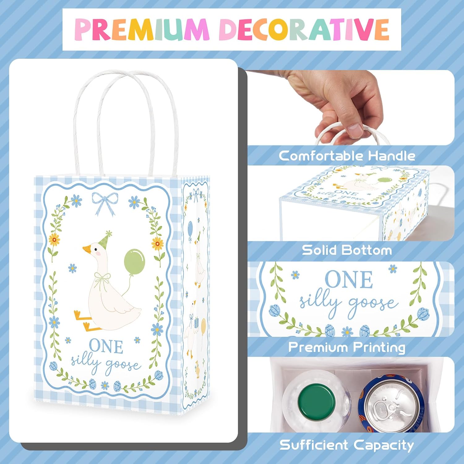 Blue gingham goose birthday favor bag with One Silly Goose design