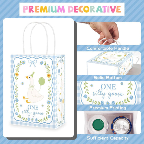 Blue gingham goose birthday favor bag with One Silly Goose design