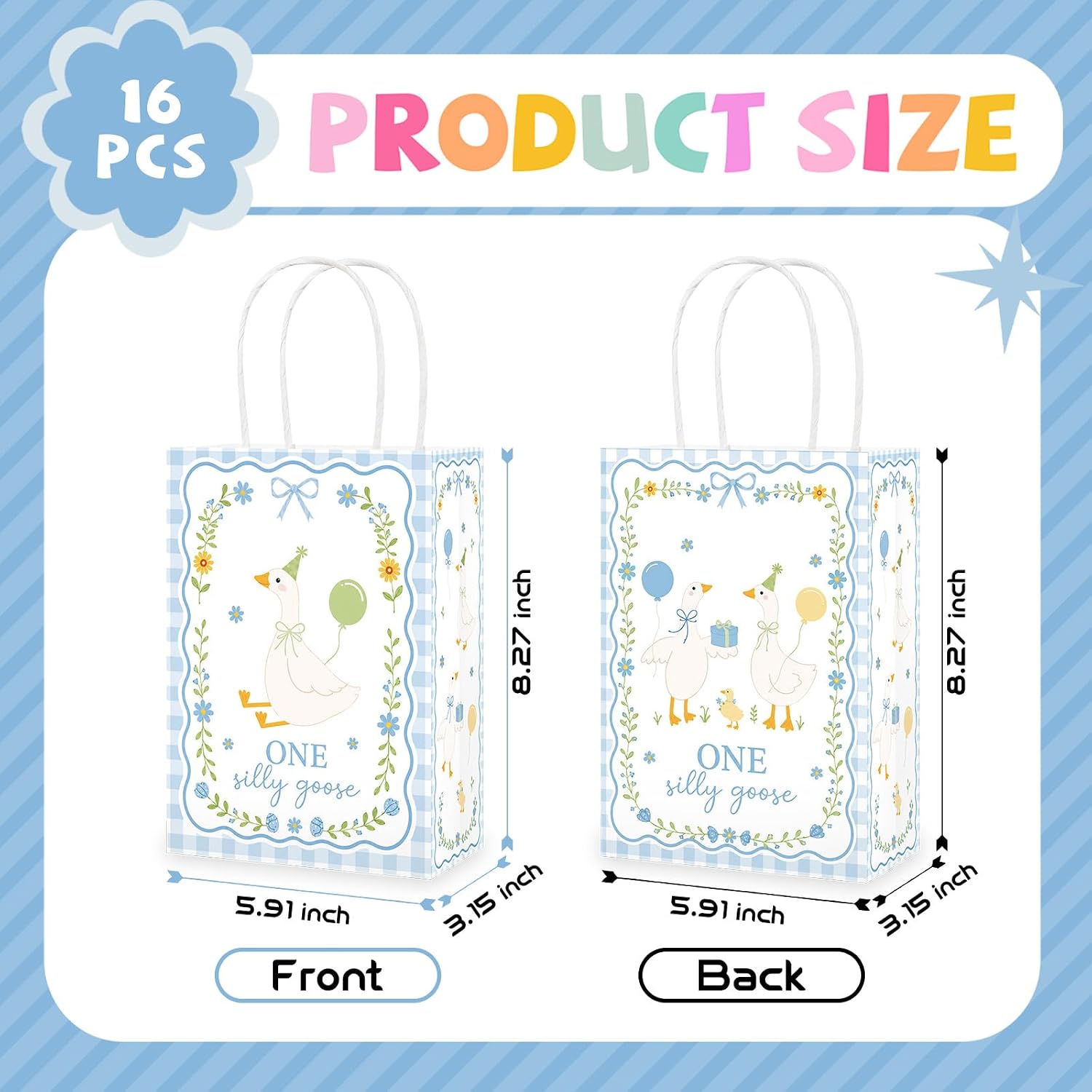 Silly goose paper gift bag with handles and blue checkered pattern