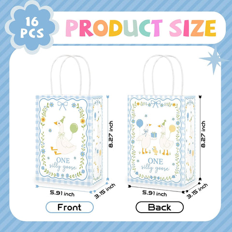 Silly goose paper gift bag with handles and blue checkered pattern