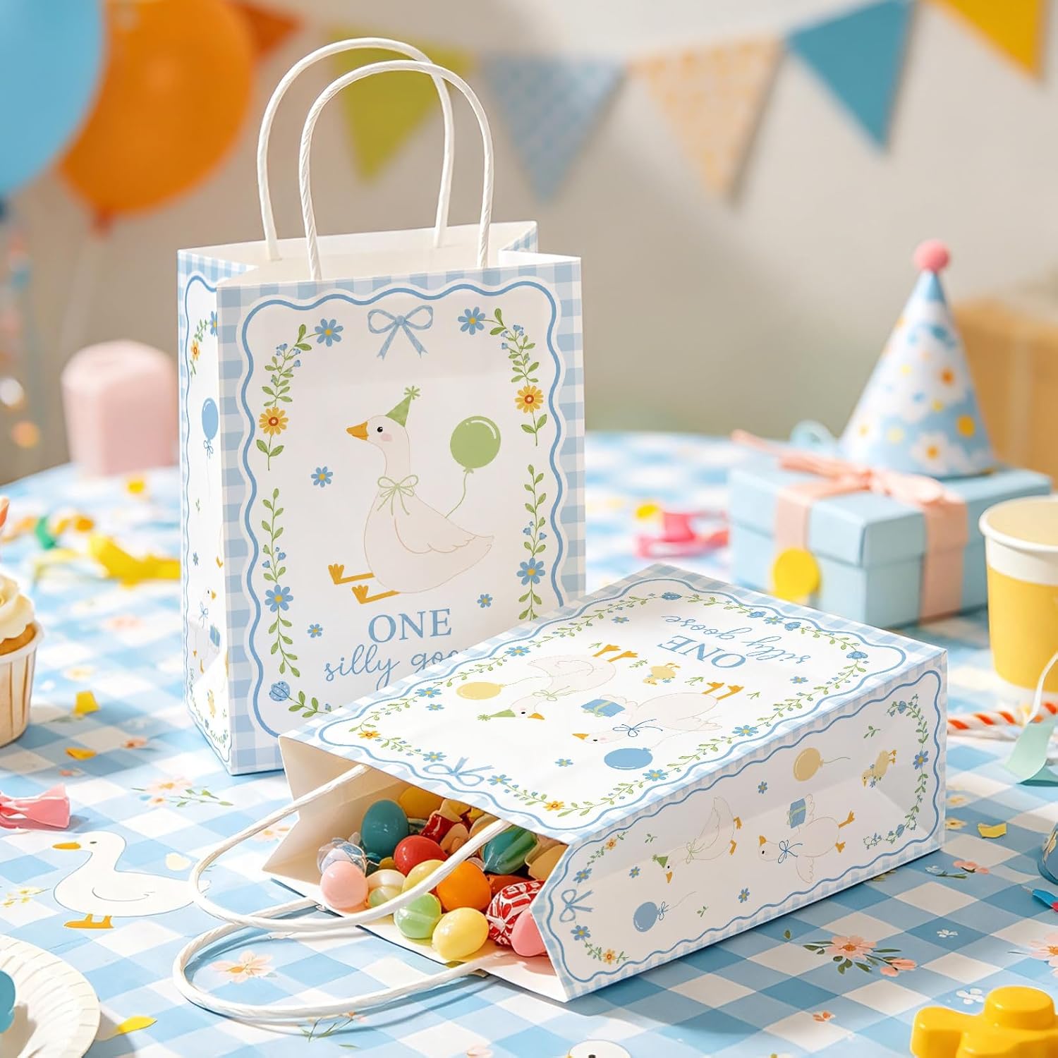 Lifestyle shot of silly goose goodie bags filled with candy and small gifts